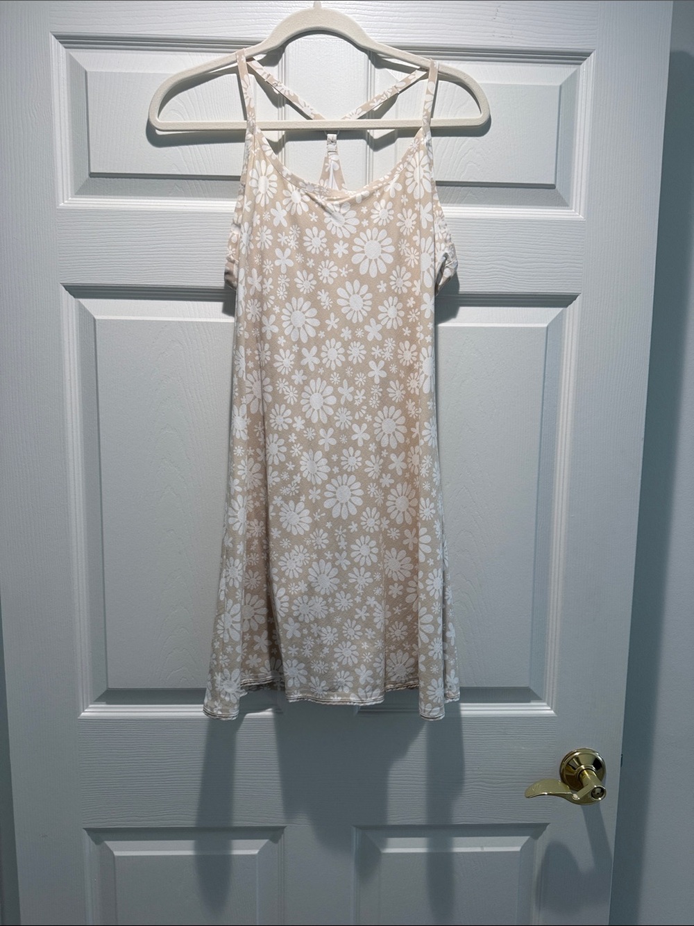 Beige Daisy Print Spaghetti Strap Dress